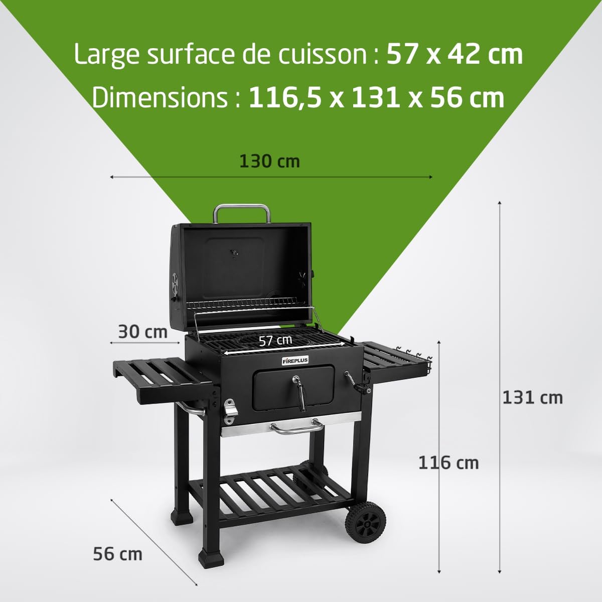 Amig - Fireplus Barbecue - 116,5x13,1x56cm - charbon, roues, plateaux, ventilation