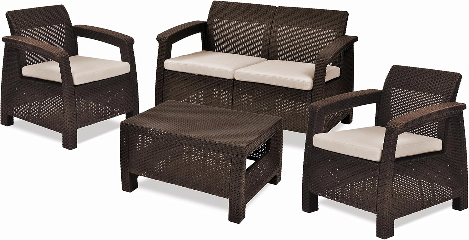 Keter - Corfu ensemble jardin 4 places, table, coussins, résine