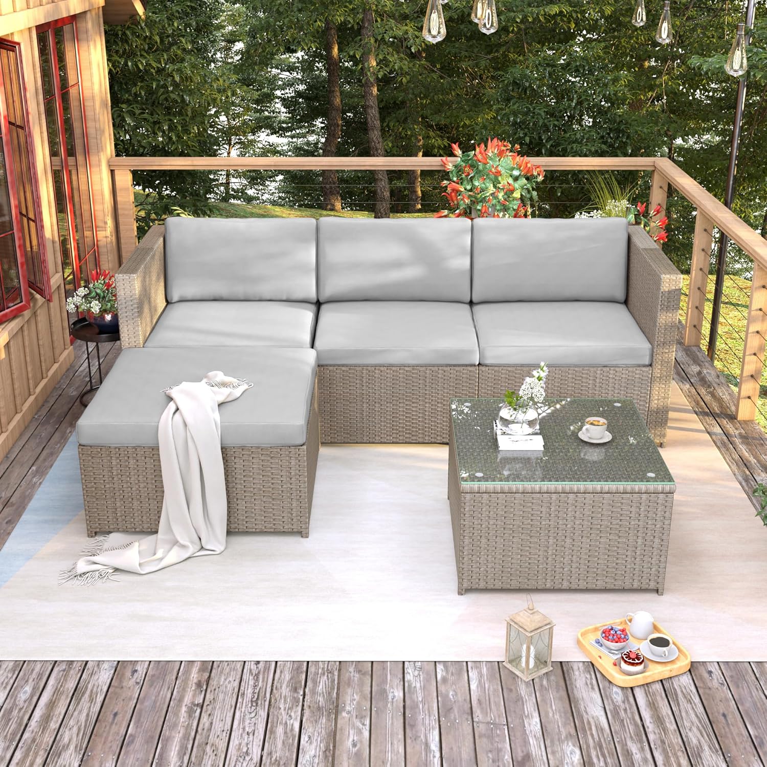 Sapgaks - Salon de jardin 4 places, rotin, coussins, table verre, kaki