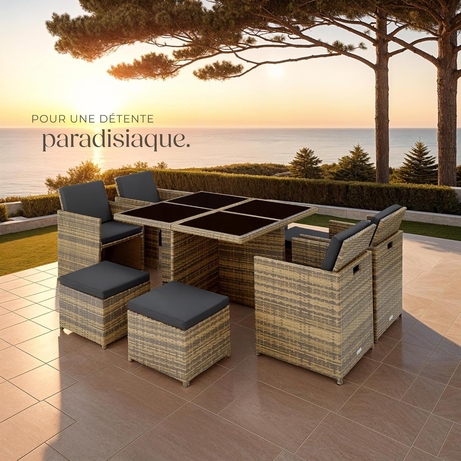 tectake - Salon de jardin 8 places - alu, poly rotin, marron naturel