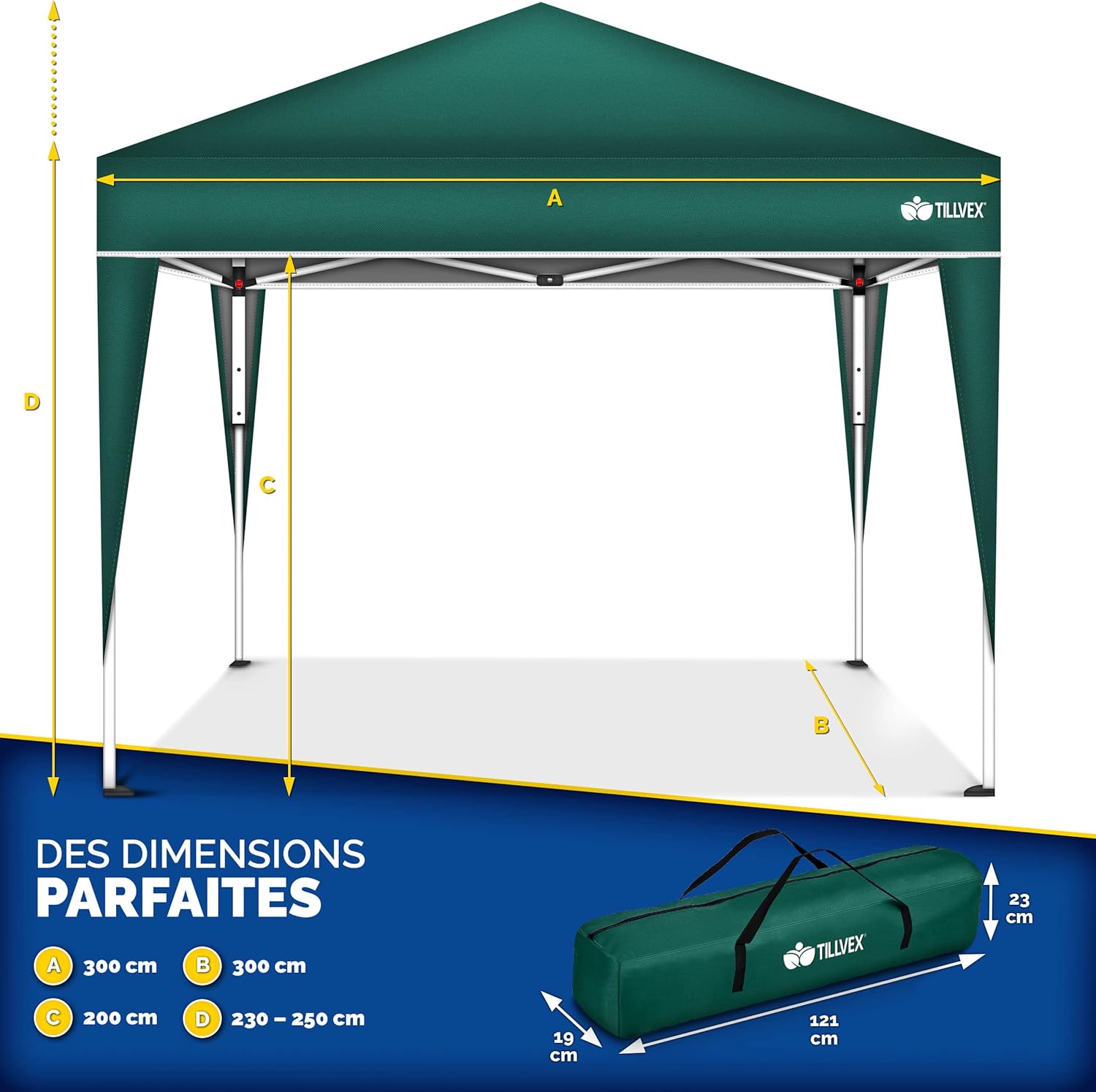 tillvex - Tonnelle pliante 3x3m - réglable, UV 50+, sac de transport