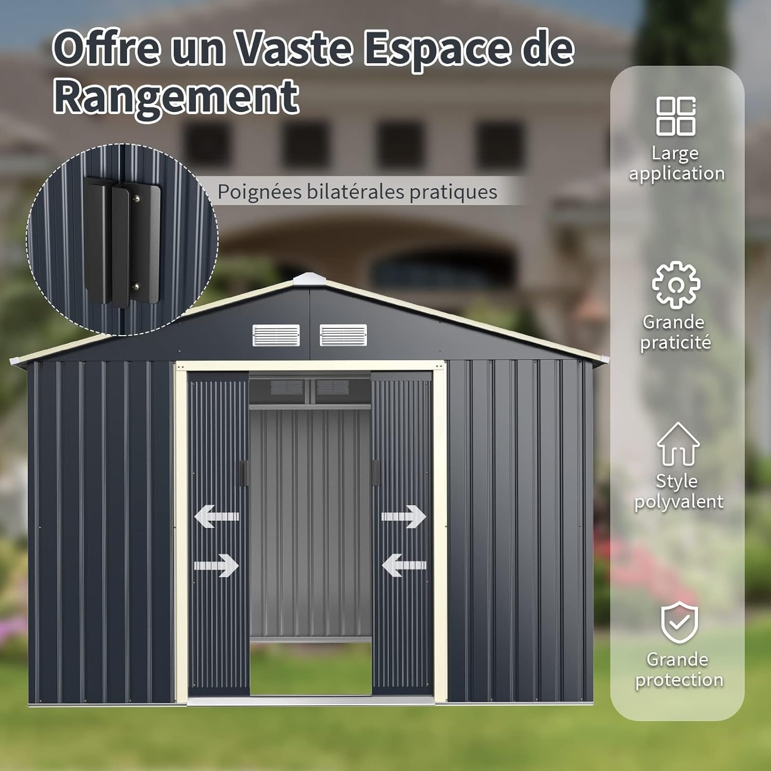 RELAX4LIFE Abri de Jardin Métal 7m2 avec Abri d'Extension Porte Coulissante, Cabane de Jardin Extérieur 267x256x202cm Outils de Jardin résistant aux intempéries, KX7177KV+FR