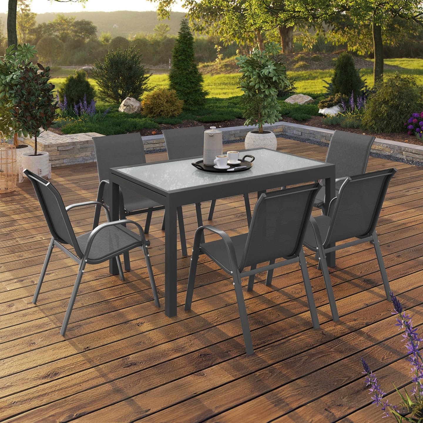 IDMarket - Madrid salon jardin, table extensible 135-270 cm, 12 chaises empilables, gris anthracite