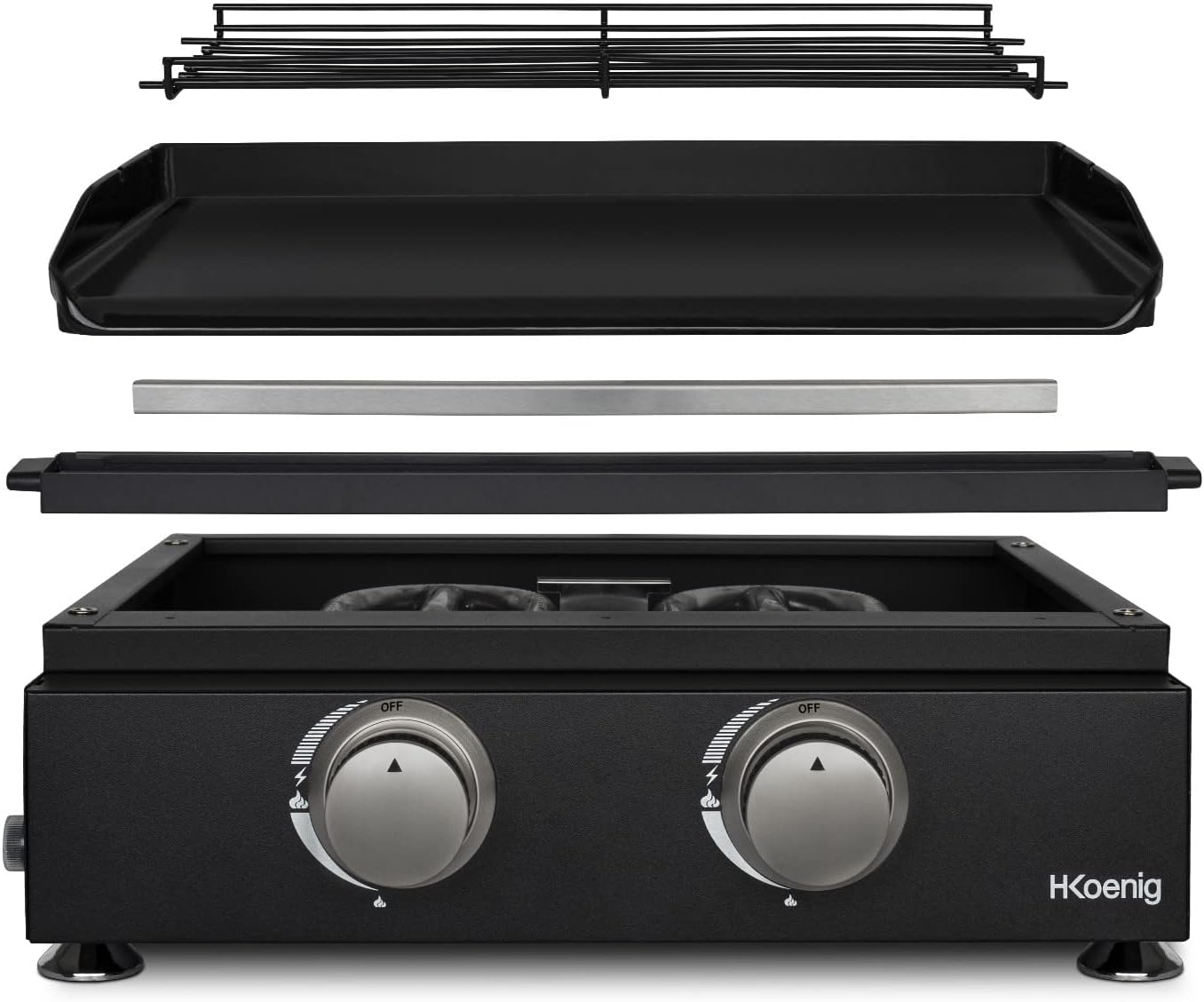 H.Koenig - plancha gaz 2 brûleurs - acier inox, fonte, jusqu'à 350°C - PLX1022
