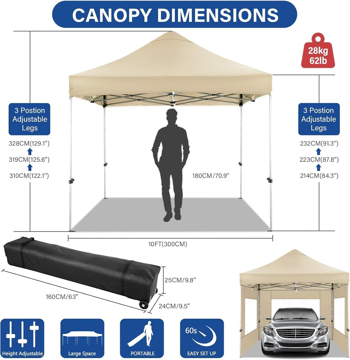COBIZI - tonnelle pliante - 3x3 m - étanche, hiver, UV50+, 3 hauteurs, 4 panneaux, kaki