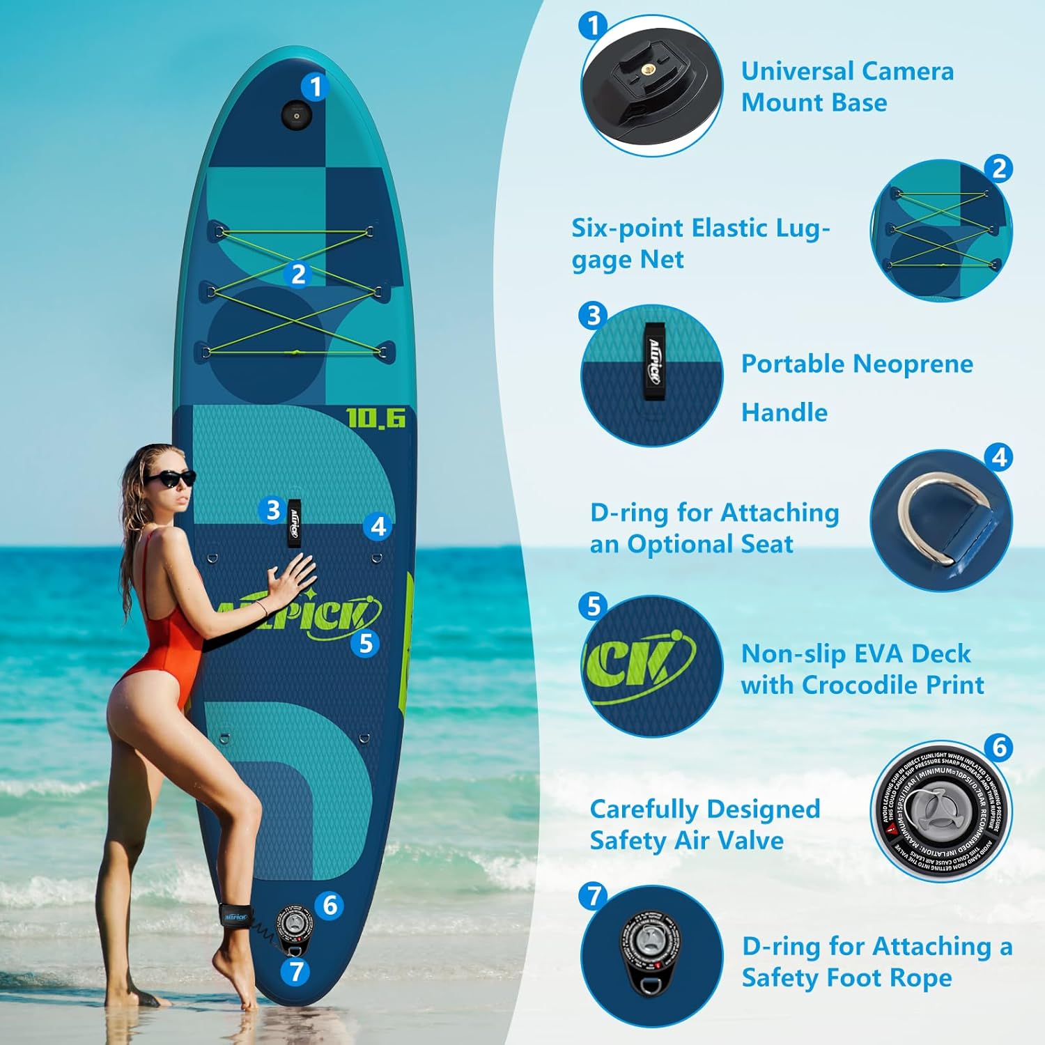 ALLPICK Paddle Gonflable, Kit de Padelsurf de Stand Up Paddle Sup Gonflable de 320 cm, avec Support Universel pour Caméra, Pagaie réglable, Débutants et confirmés, 200 kg