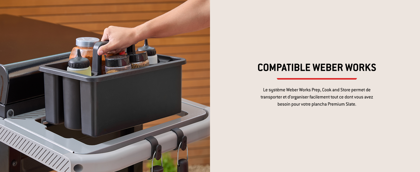 Le texte indique « FONCTIONNE AVEC WEBER COMPATIBLE ». Plusieurs vues de conteneurs de rangement ou d'organisateurs noirs présentés dans différents arrangements et configurations.