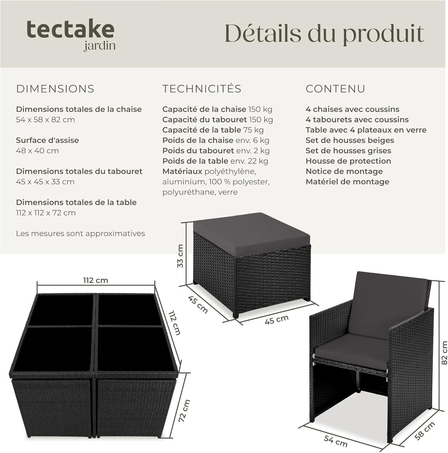 tectake - Salon de Jardin 8 places - alu, poly rotin, table large, noir