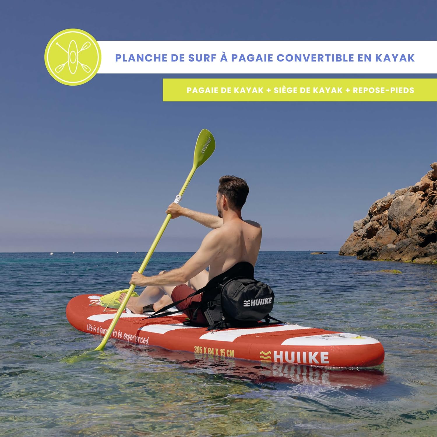 HUIIKE Paddle Gonflable Adulte avec Accessoires Inclus, Pagaie, Ailerons, Pompe. Planche de Stand Up Paddle Grande Stabilité et Résistance. 305 x 84 x 15 cm, Jusqu'à 130 kg