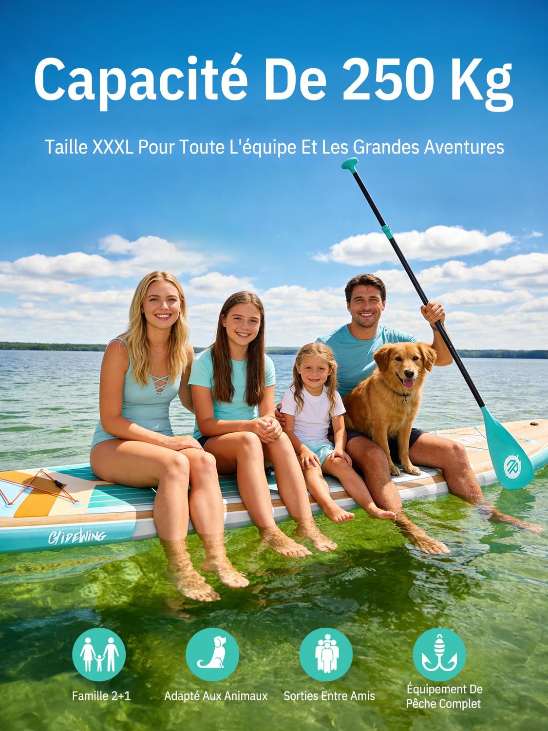 Niphean Extra Large Paddle Gonflable, Sup à 2+1 Personnes/Famille, Planches de Stand Up Paddle Gonflables avec (Idéal Débutant) Aileron Équilibré, Housse Étanche, Paddle Gonflable Adulte, Cadeaux