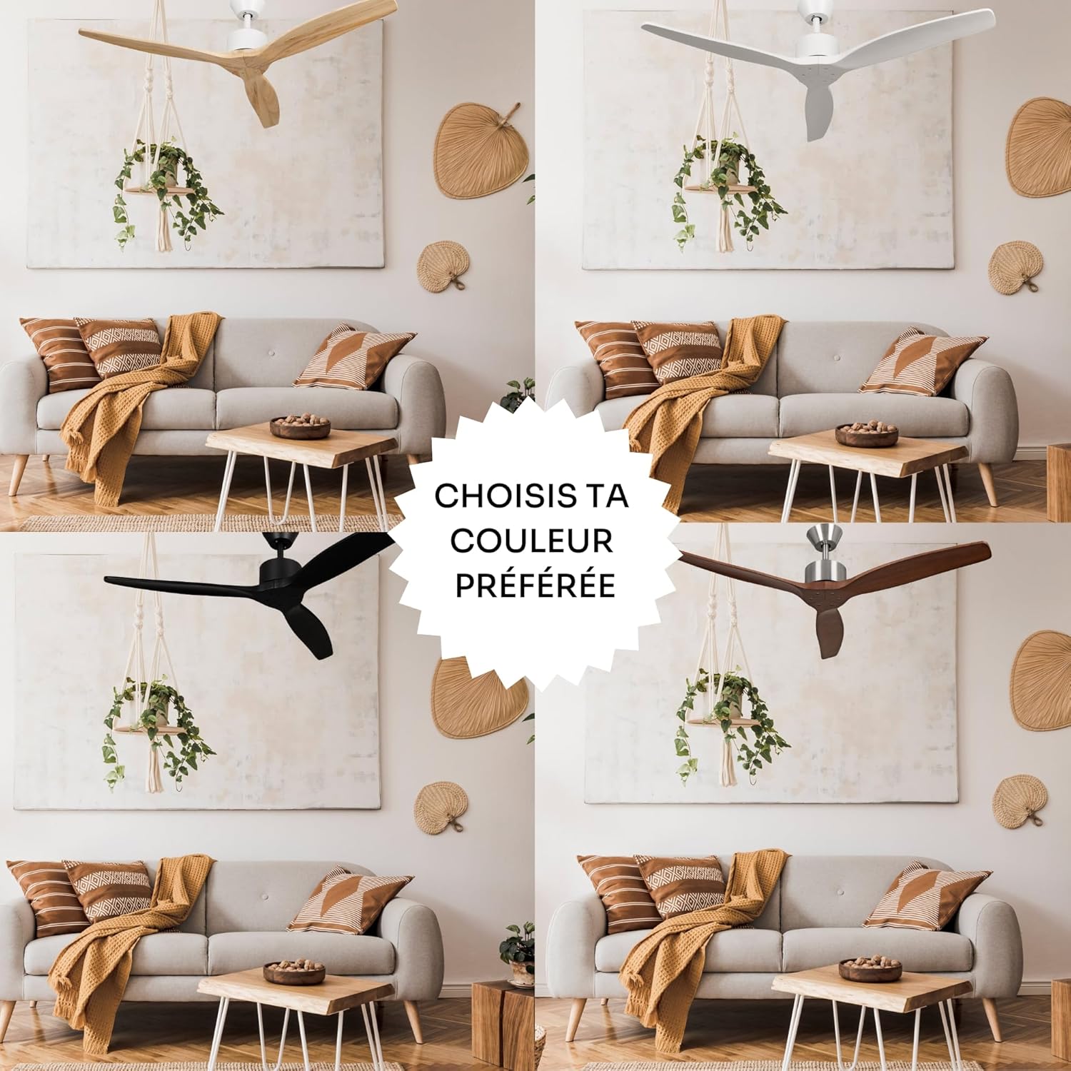 Mellerware - Ventilateur de plafond avec télécommande Brizy! 45W | Puissant | Ultra silencieux | 3 lames | Diamètre 132cm | 6 vitesses | Refroidissement + LED intégrée | Bois foncé