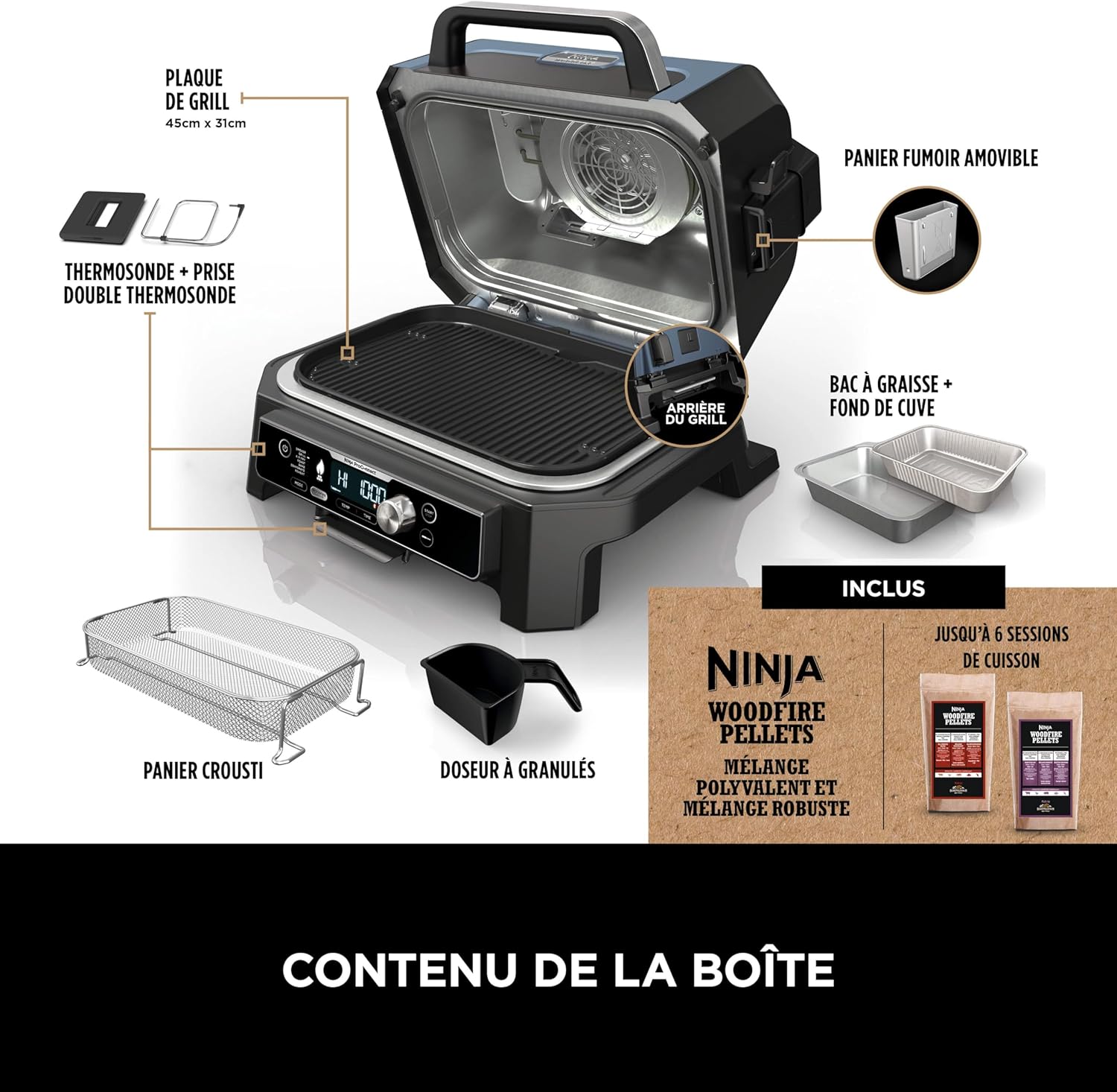 Ninja - grill & fumoir Pro Connect XL - contrôle app, 7-en-1, friteuse, résist. intem. - OG901EU