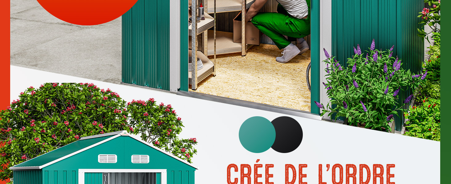 Vue extérieure d'un bâtiment de couleur turquoise avec verdure environnante et signalisation. Éléments de design circulaires noirs et bleu sarcelle visibles.