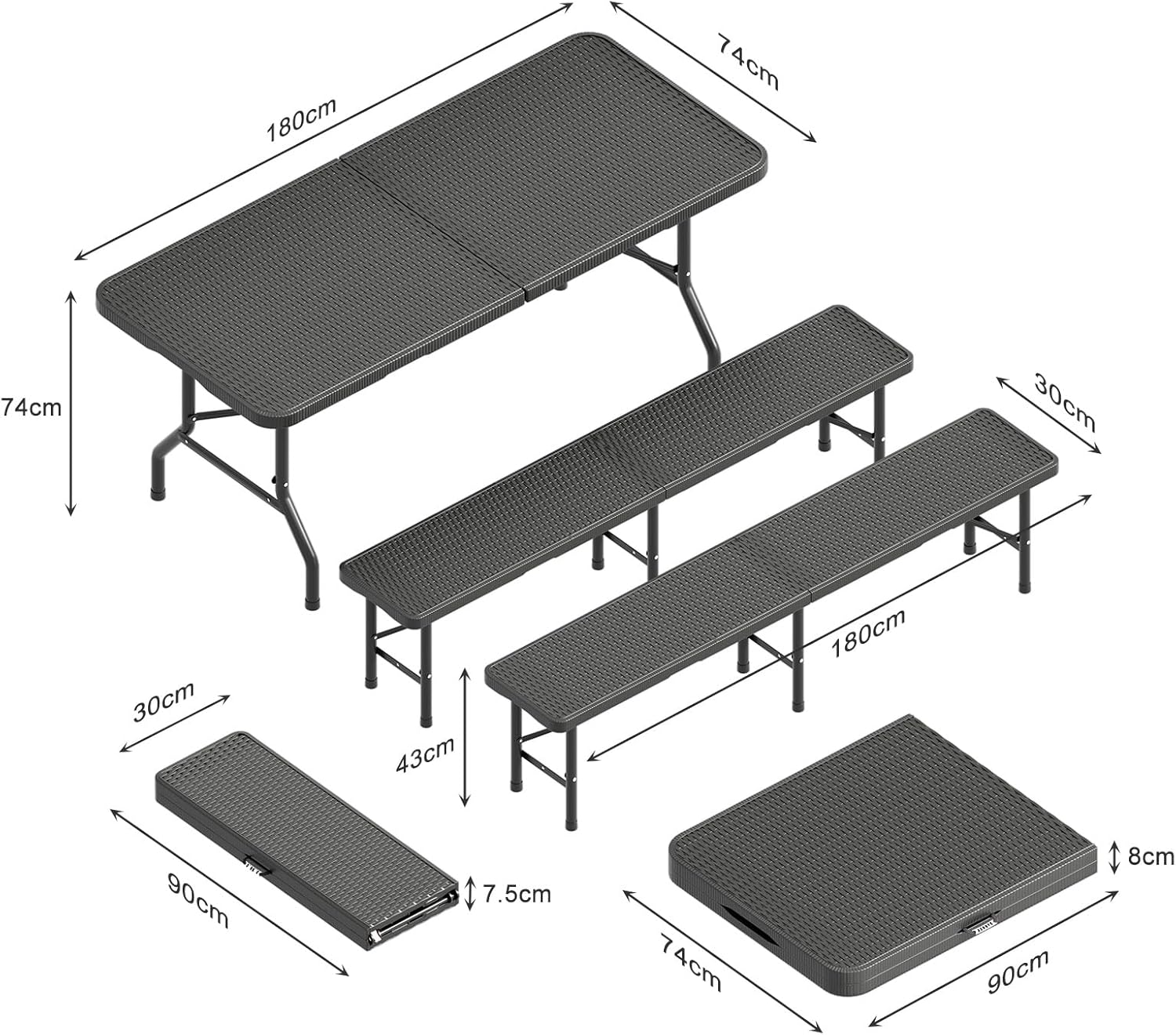 JUMMICO - Table pliante jardin 3 pièces - bancs 300 kg - 4-6 personnes