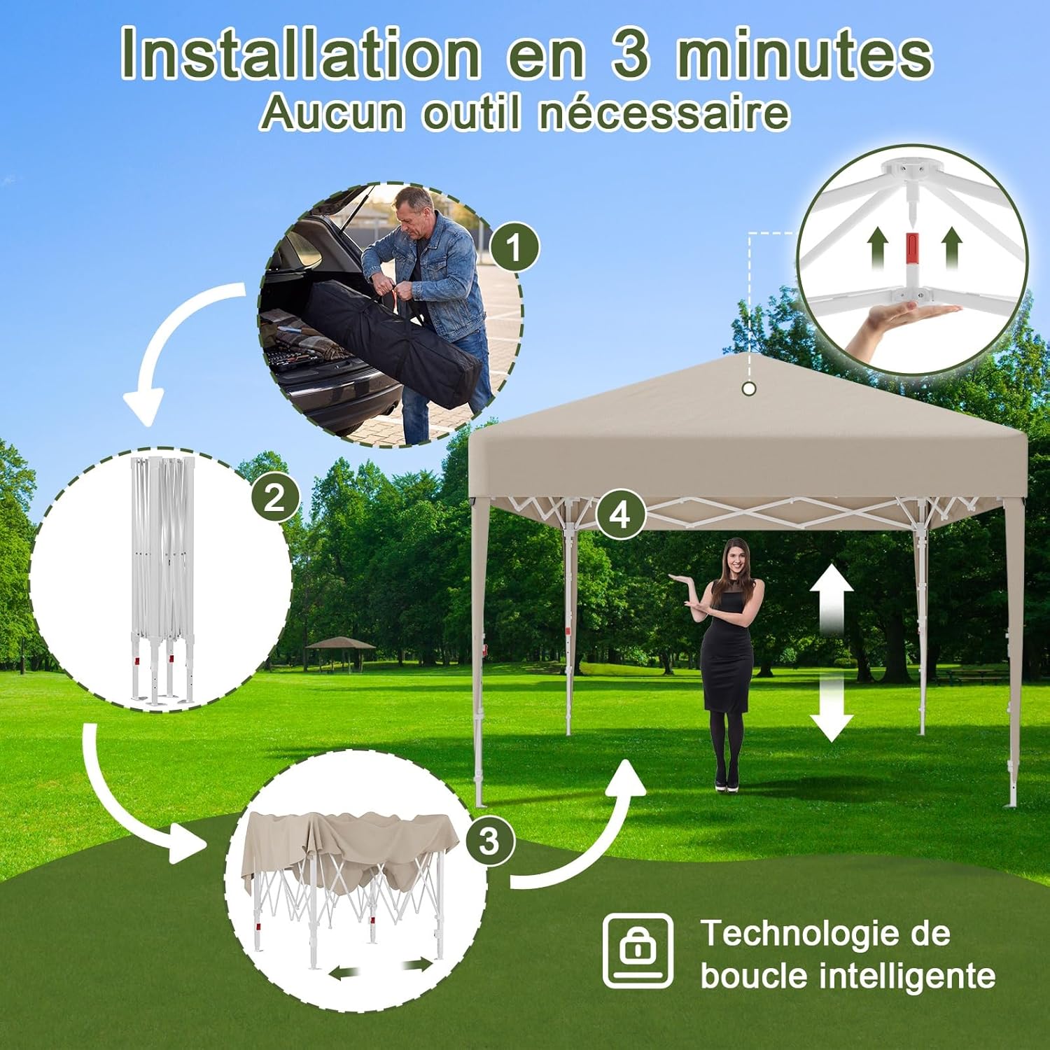 Devoko - Tonnelle Pliante - 3x3m - Fenêtre moustiquaire, UV 50+, Impermeable