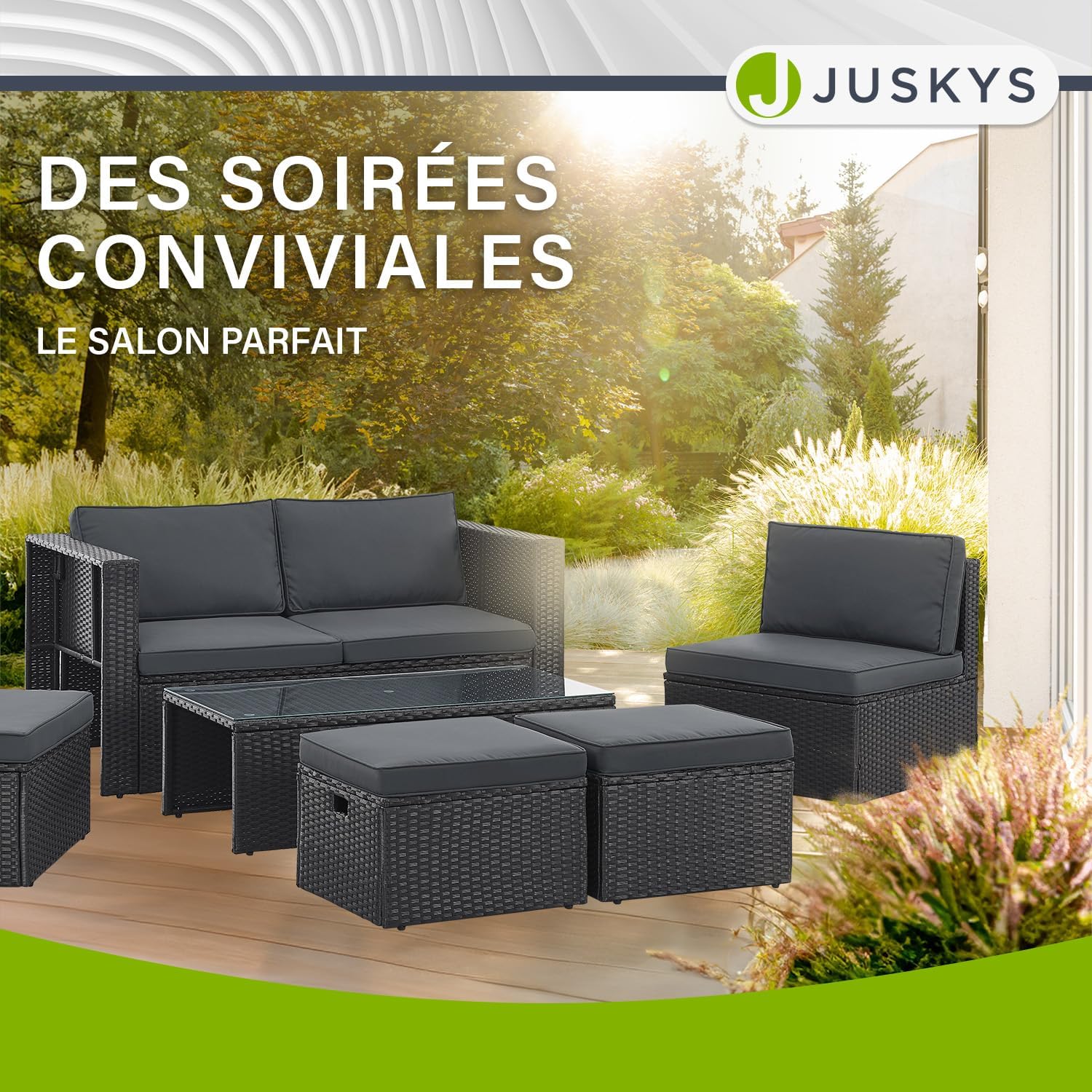 Juskys - Salon de Jardin Salou - 6 places - polyrotin, coussins, table, noir