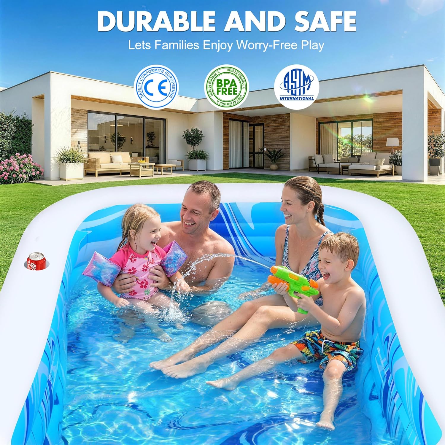 LuxBlue Piscine Gonflable Adulte, Piscine Familiale avec Siège et Dossier, 0.5mm Épaissi Piscines Rectangulaire Gonflable avec Porte-Gobelet, 250*160*63cm Pataugeoire Grande Piscines Gonflable Jardin