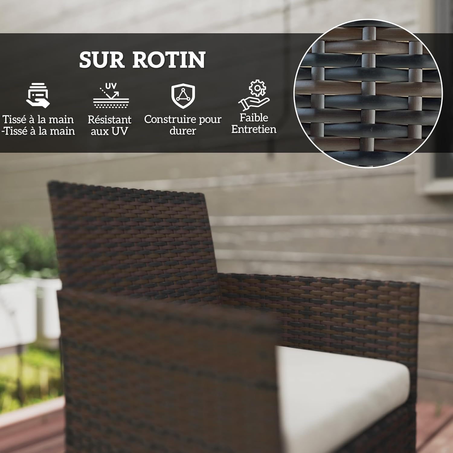 Outsunny - Salon jardin 4 personnes - canapés, table verre, coussins déhoussables, résine tressée, beige