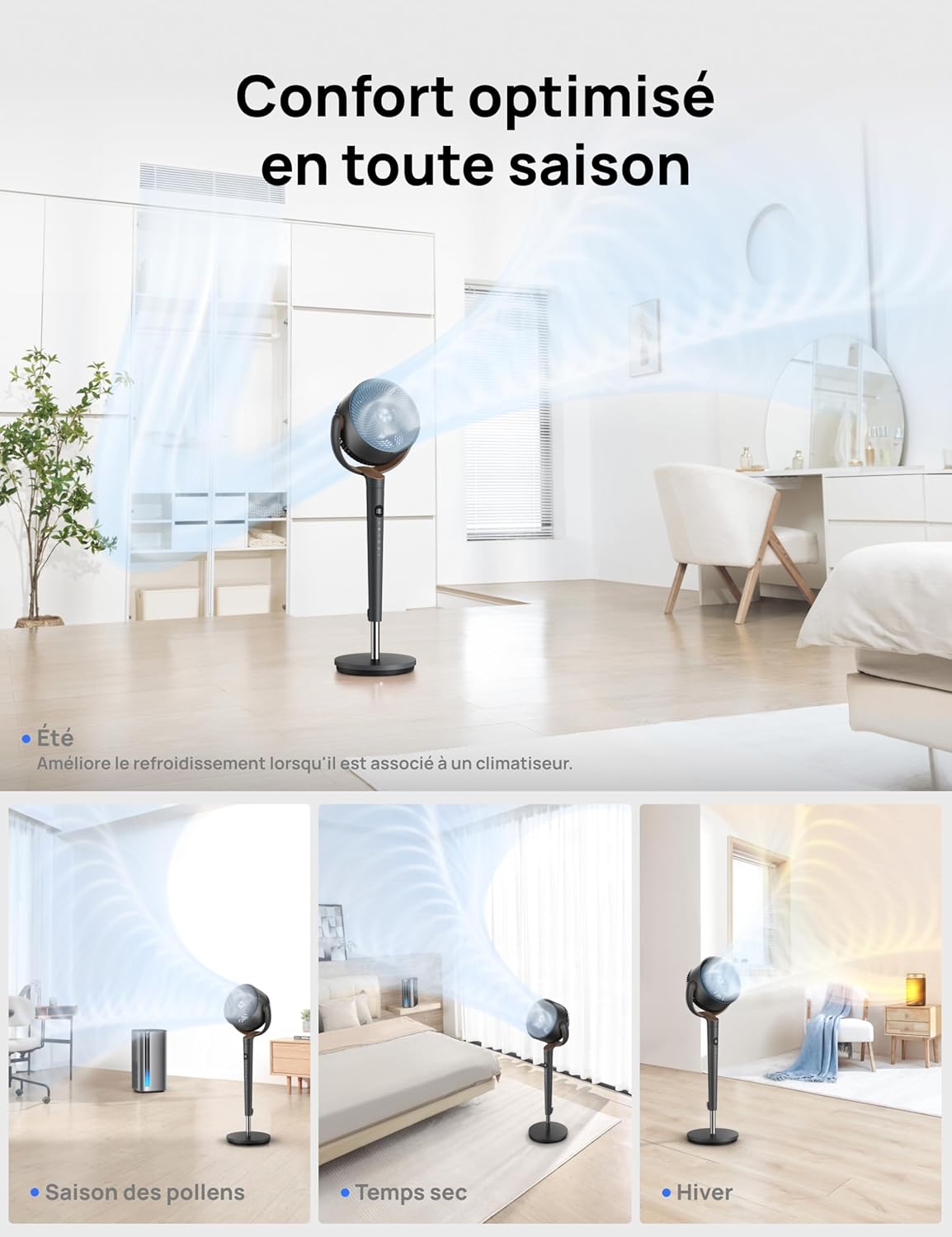 DREO ventilateur sur pied très silencieux avec télécommande, ventilateur grand format 20 dB avec moteur CC, oscillation 120°, 3 modes, hauteur réglable 94–107 cm, ventilateur de sol TurboPoly 512