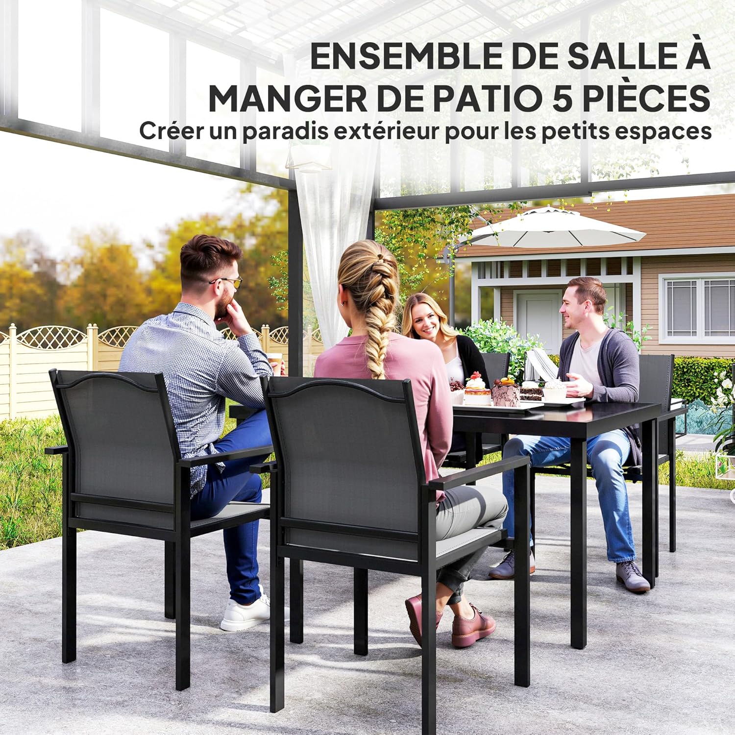 Outsunny - salon de jardin extérieur 4 places - table verre 140 cm, chaises empilables, noir
