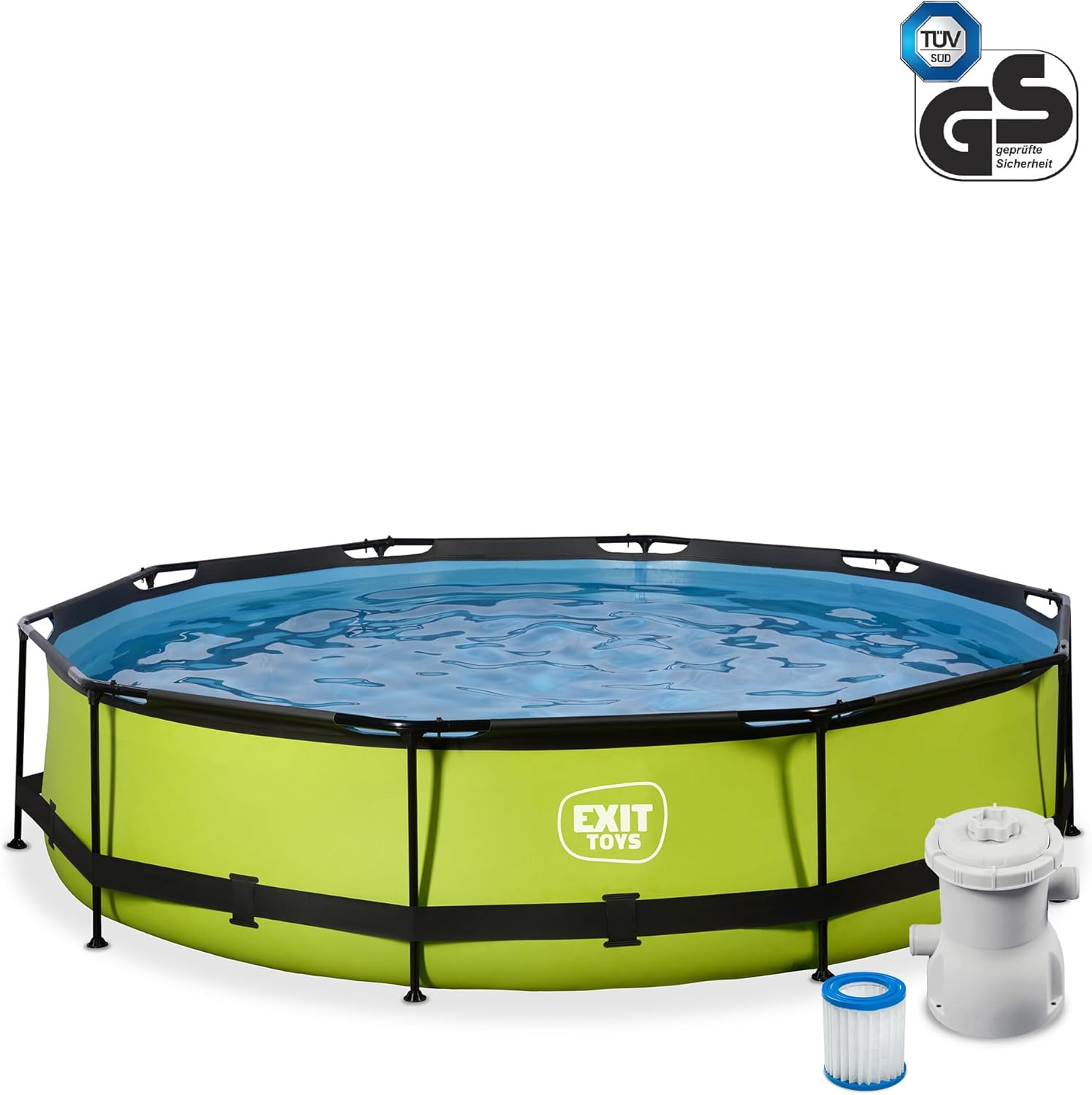 EXIT TOYS Piscine Tubulaire Lime - ø360x76cm - Piscine Hors Sol Ronde Grande avec Pompe Filtrante à Cartouche - Entrée Basse - Idéal pour Les Jeunes Enfants - Cadre Stable - Design Unique - Vert