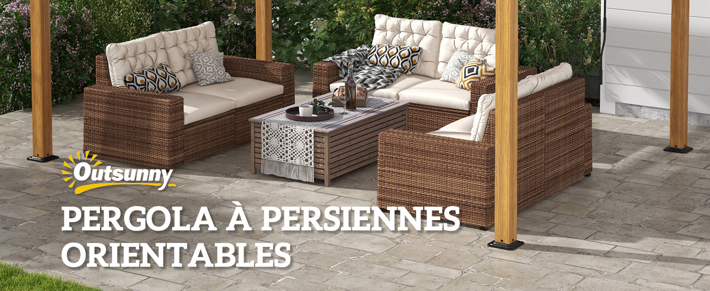 comprenant deux fauteuils avec coussins et une table basse, positionnés sous une structure de pergola en bois