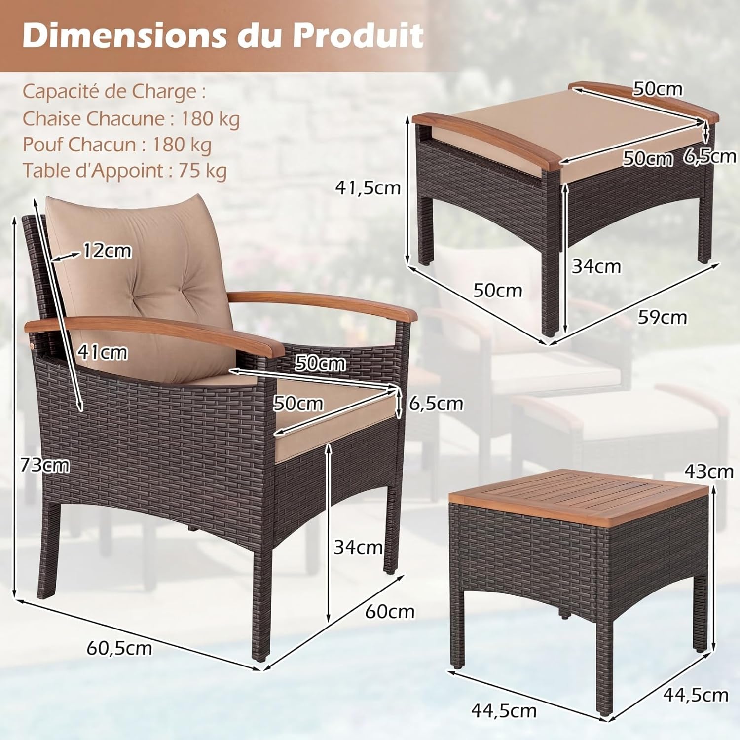 Salon de Jardin COSTWAY - 5 pièces en Rotin Jaune Terre - 2 fauteuils, 2 ottomans, table acacia, coussins amovibles - 14