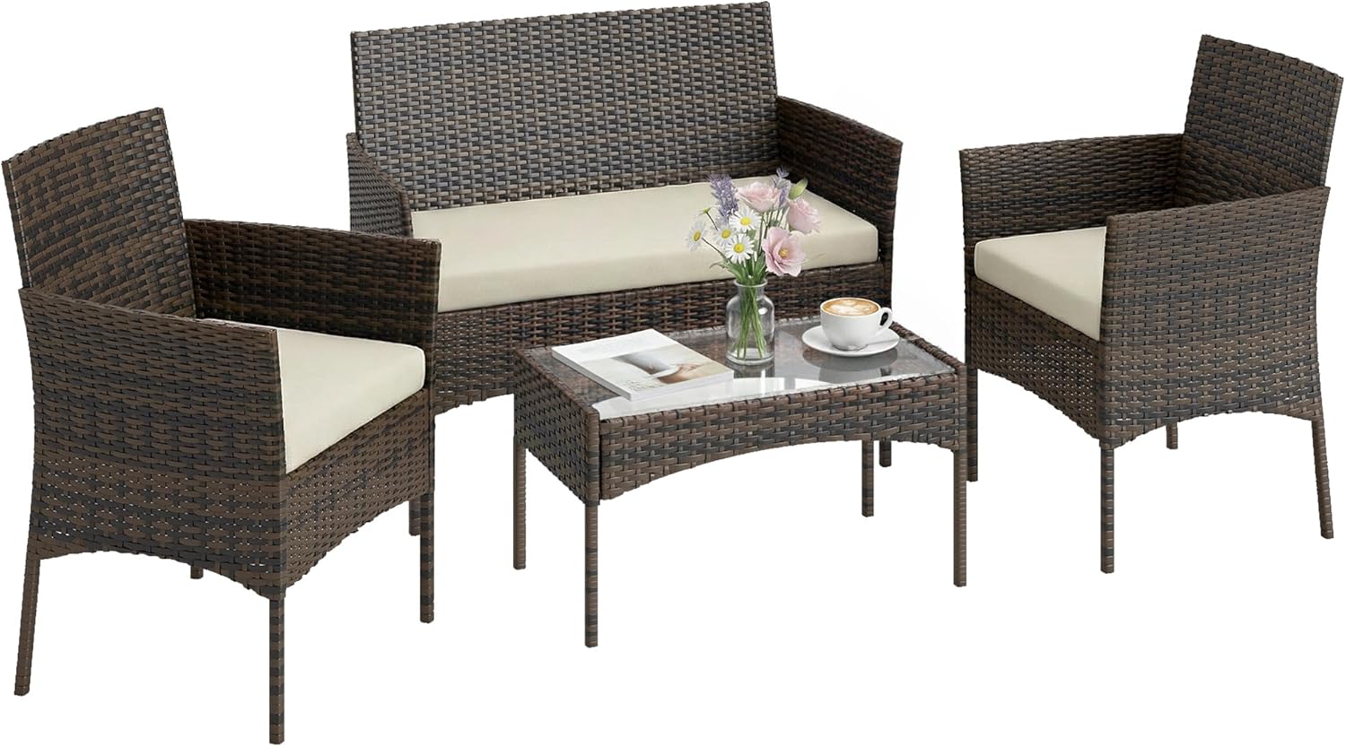 Outsunny - Salon jardin 4 personnes - canapés, table verre, coussins déhoussables, résine tressée, beige