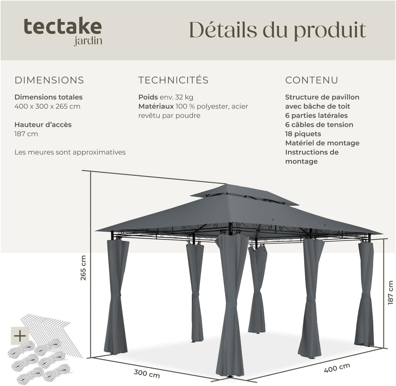 tectake - tonnelle de jardin 4x3m - acier epoxy, imperméable, rideaux, UV50+