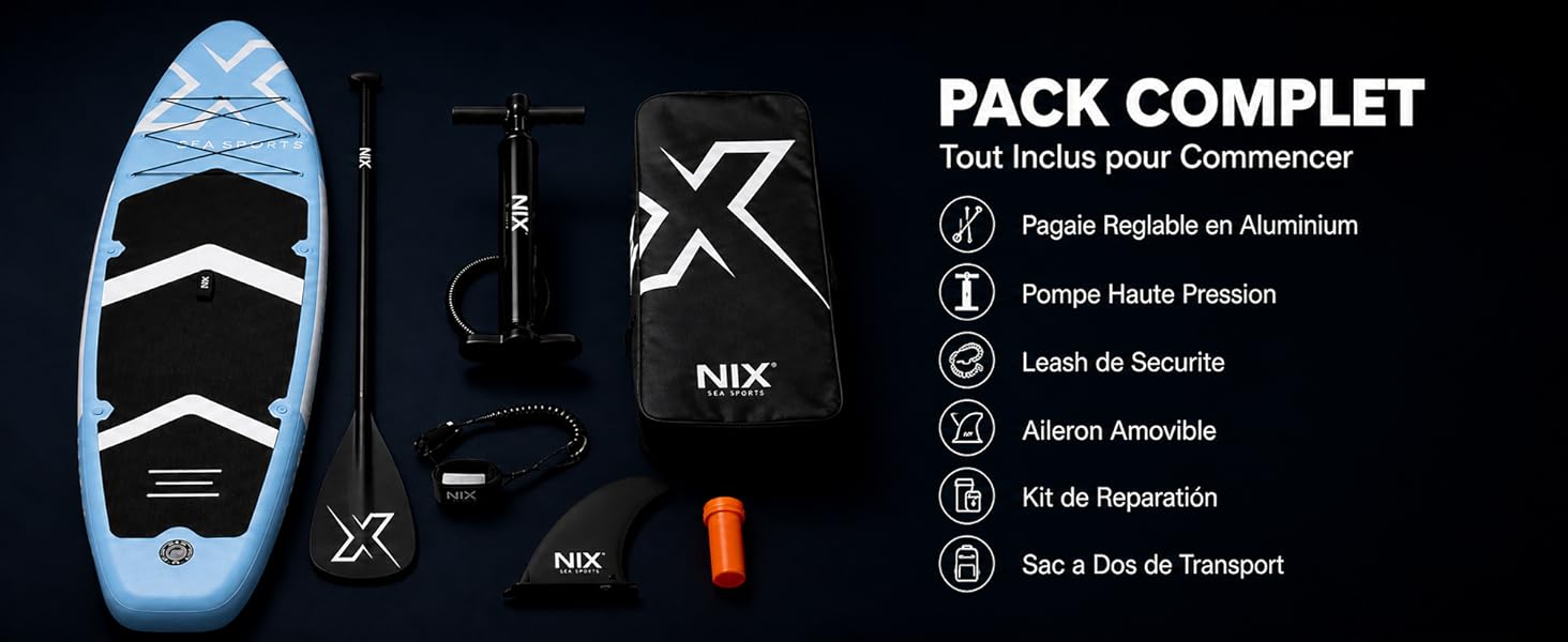 Le texte indique « PACK COMPLET ». Fond noir avec silhouette de chaussure blanche en haut et plusieurs petites icônes/composants de produits disposés en dessous.