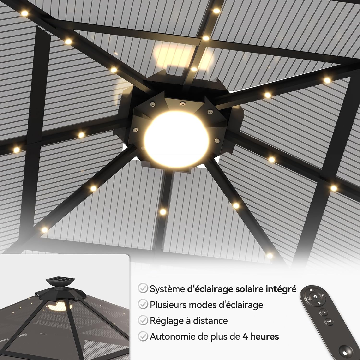 Devoko - Tonnelle de jardin - 3x3m - aluminium, toit fixe, LED, imperméable