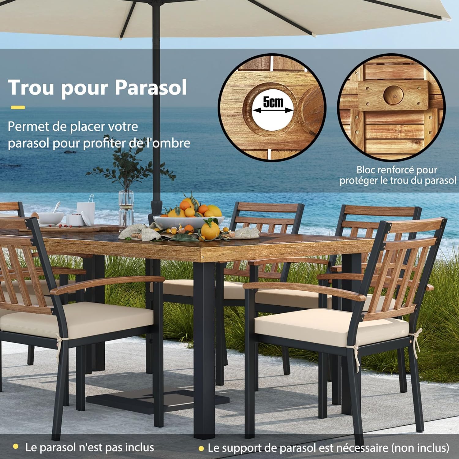 COSTWAY - table de jardin 200 cm - 8 pers. acacia métal, trou parasol