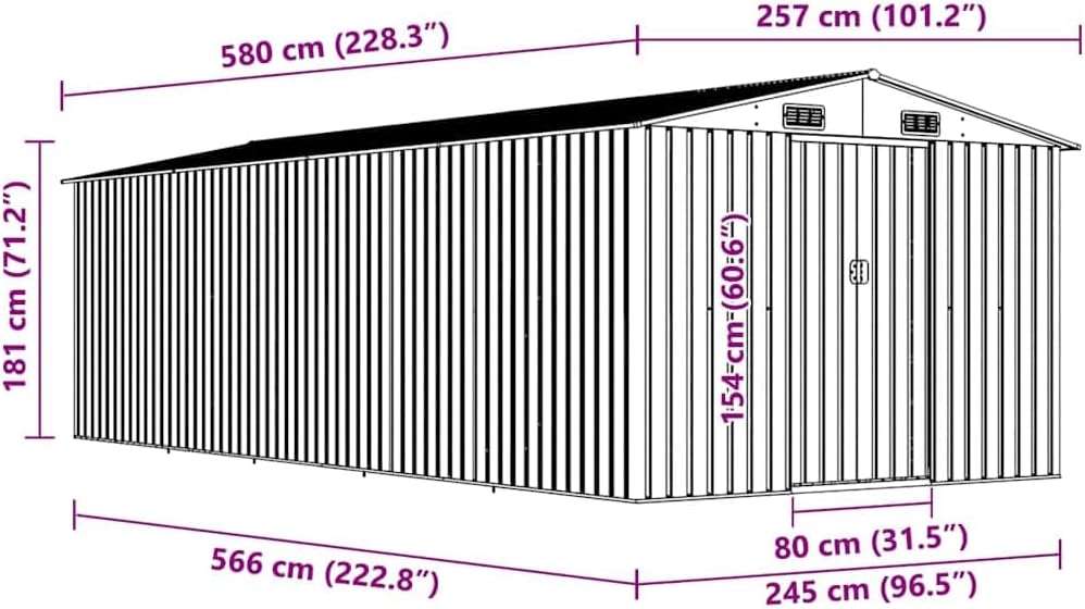 vidaXL Abri de Jardin 257x580x181 cm Métal Gris Terrasse Patio Cabane à Outils