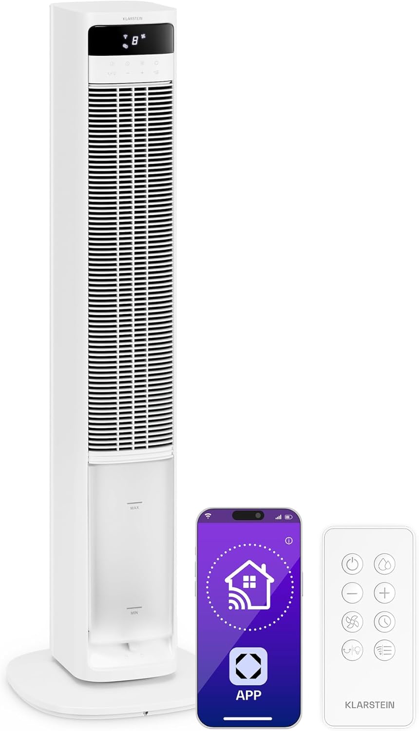KLARSTEIN Rafraichisseur d’Air, Refroidisseur d’Air Évaporatif, 4L, Télécommande, 8 Niveaux, Mobile, Ventilateur Climatiseur pour Chambre 35m², White