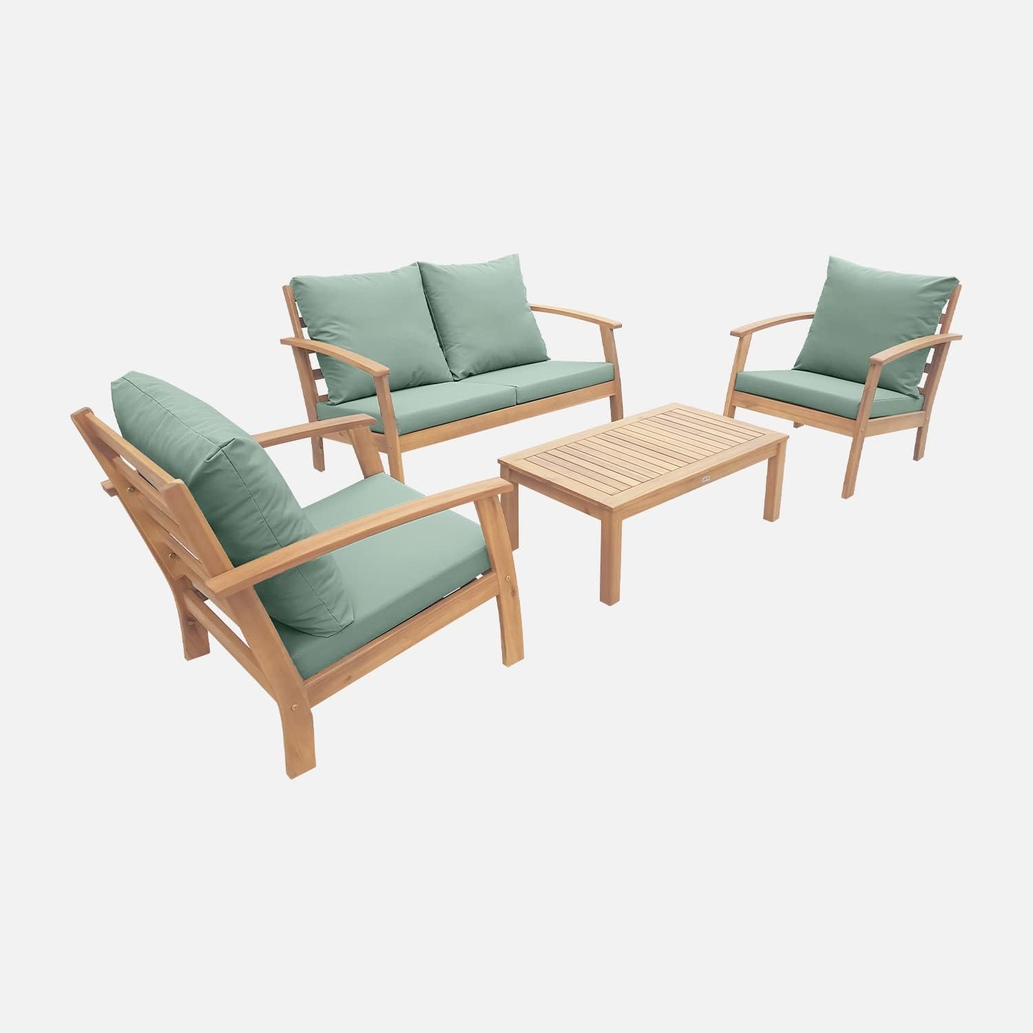 Alice's Garden - Ushuaïa - Salon de jardin bois 4 places, coussins verts, canapé, fauteuils, table basse