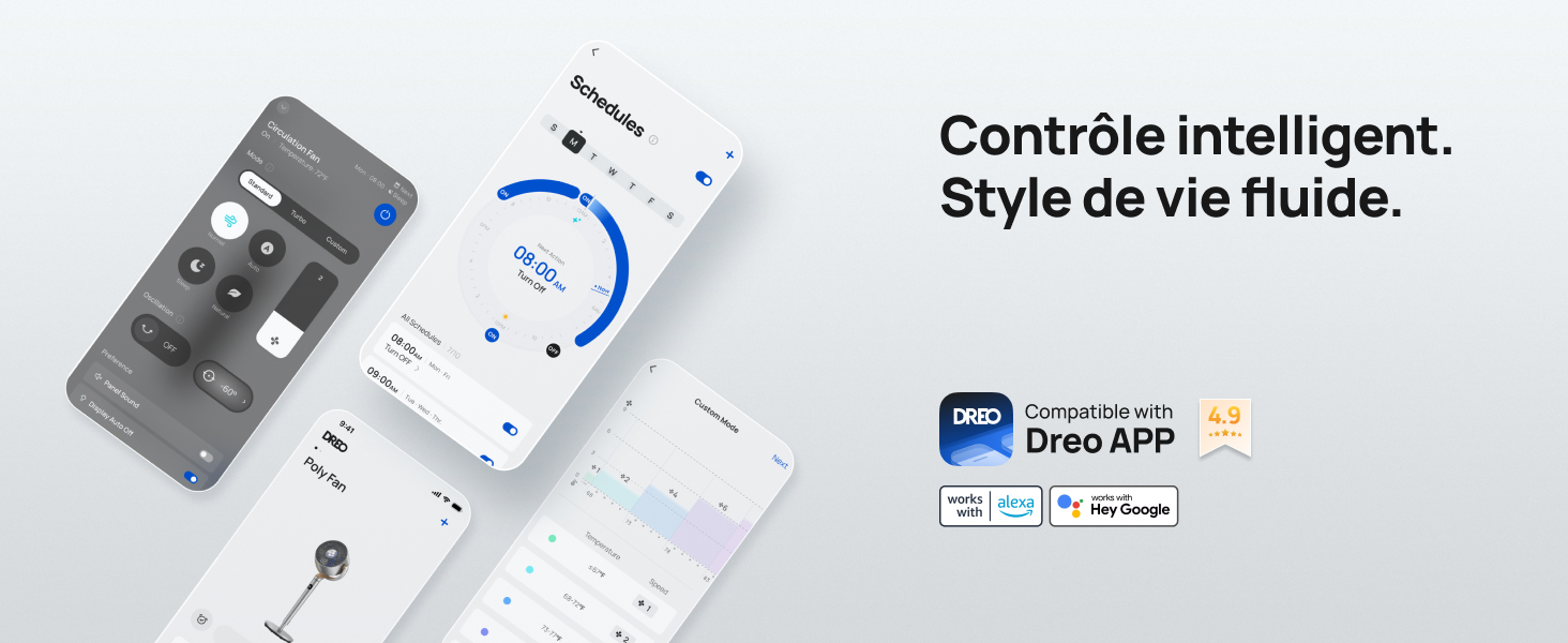 pour smartphone présentant les fonctionnalités de contrôle. Le texte se lit comme suit : « Contrôle intelligent. Fluid life style. » Compatible avec l'application Dyco.
