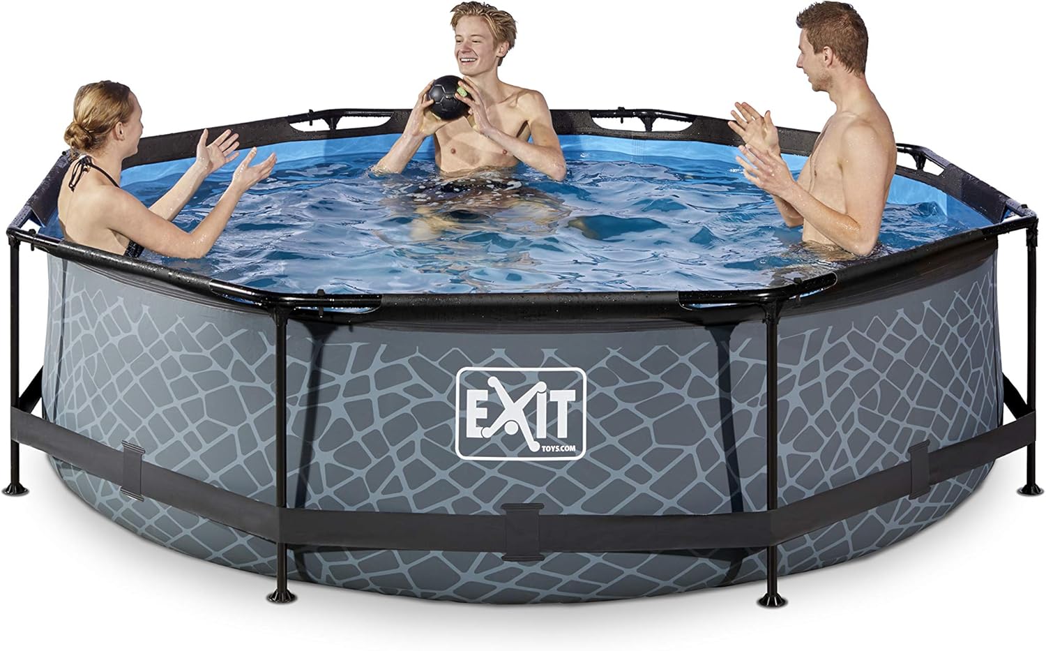 EXIT TOYS Piscine Tubulaire Stone - ø300x76cm - Piscine Hors Sol Ronde avec Pompe Filtrante à Cartouche - Entrée Basse - Idéal pour Les Jeunes Enfants - Cadre Stable - Design Unique - Gris