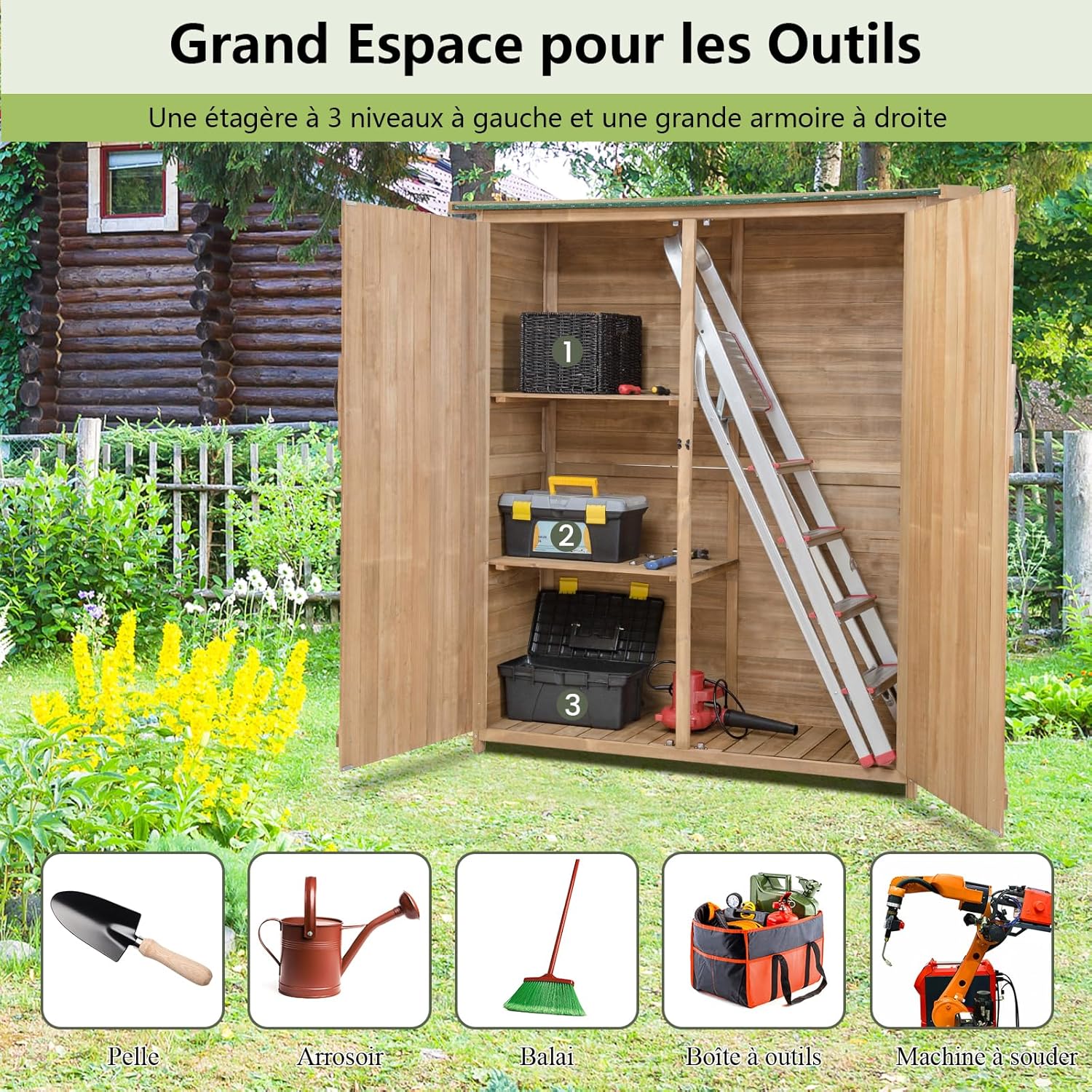 RELAX4LIFE Abri de Jardin en Bois 140x50x162 cm, Abri à Outils avec Toit en Asphalte Incliné, Portes et Étagères Double Fermeture, Meuble de Rangement pour Extérieur Arrière-Cour Patio Pelouse