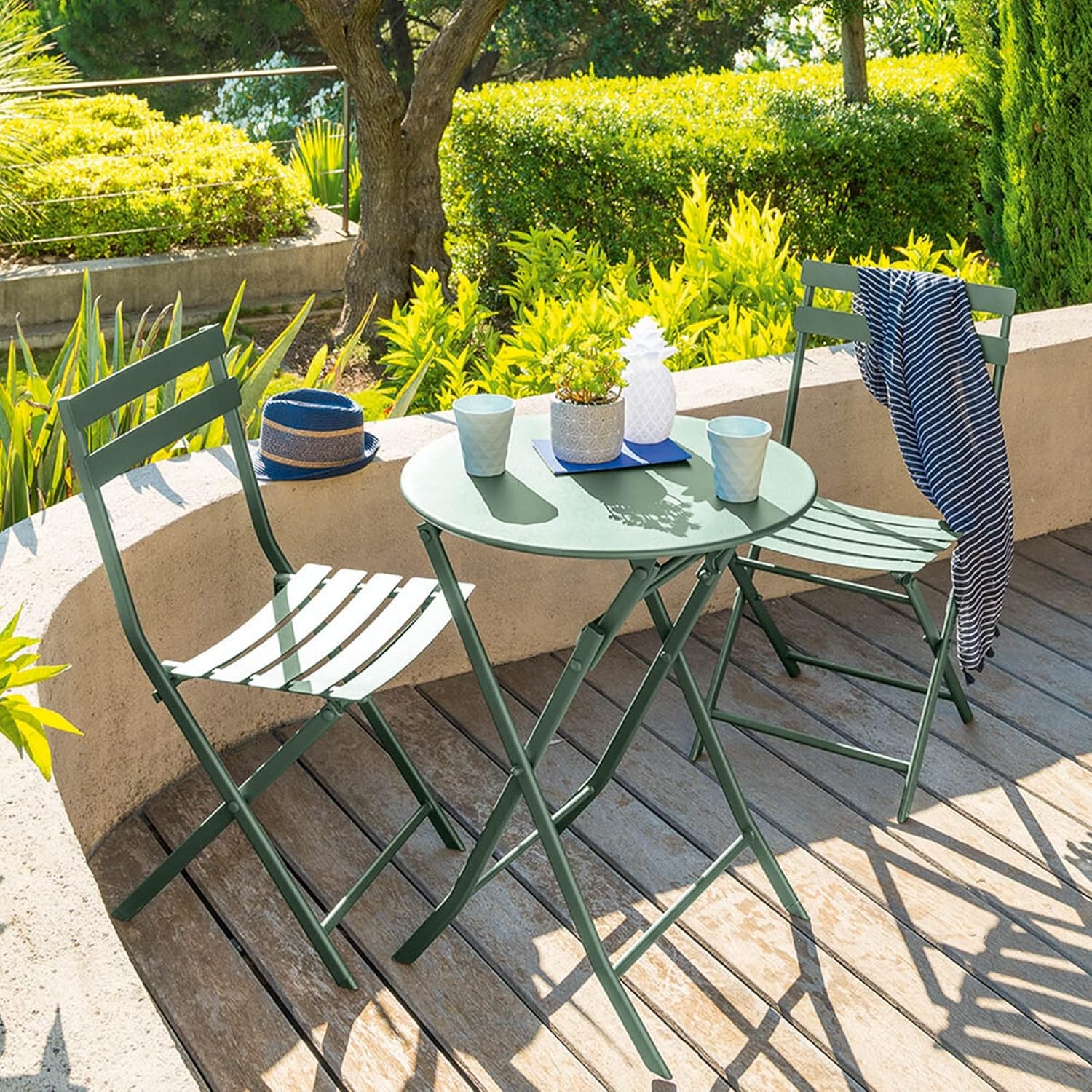 Hespéride - Greensboro - Ø60 cm - Table de jardin pliante acier vert 2 places