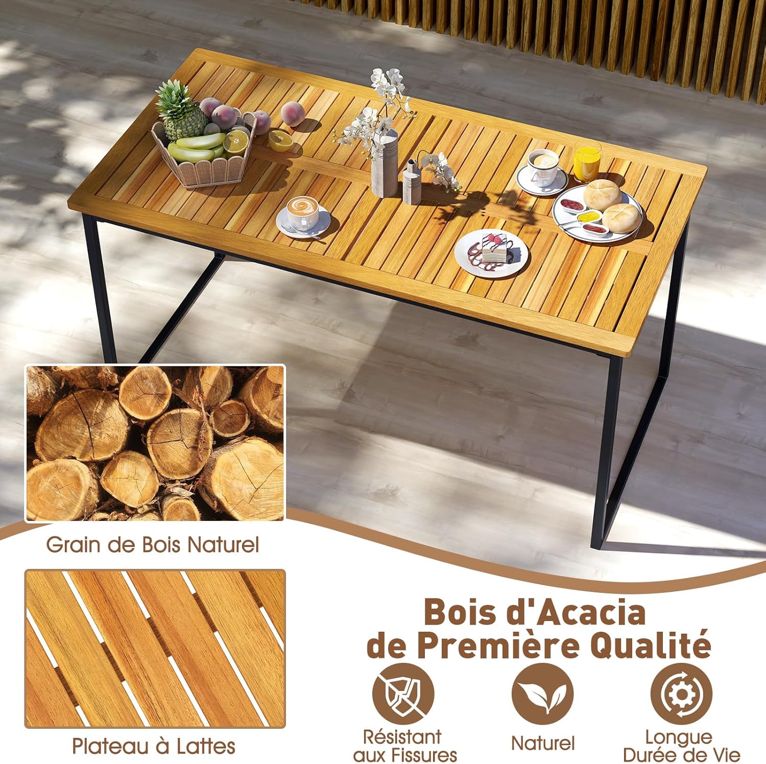 COSTWAY - Table de jardin 140cm, bois d’acacia, métal, trou parasol