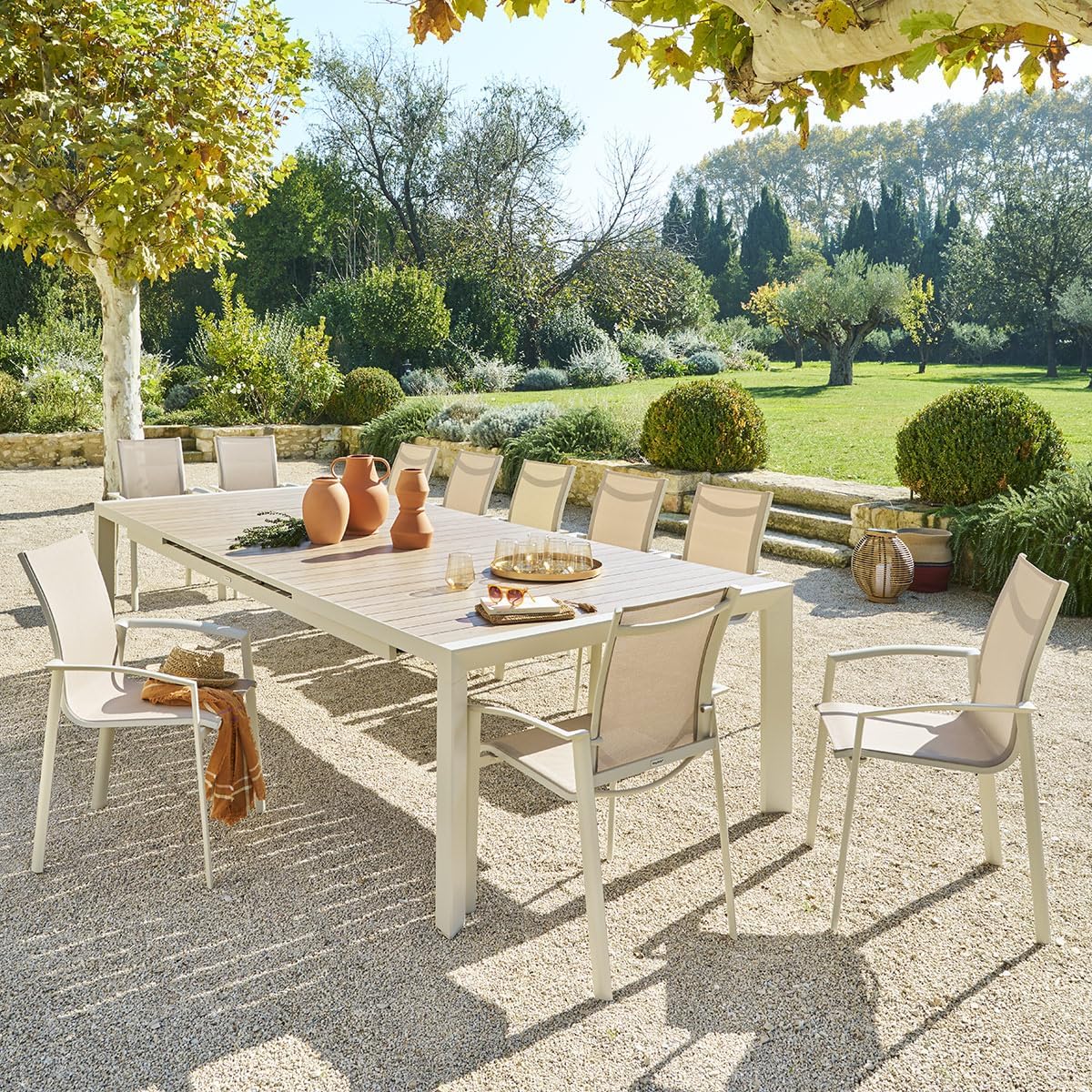 Hespéride - Evasion Argile - table extensible 14 places - aluminium bois antirouille, rallonge