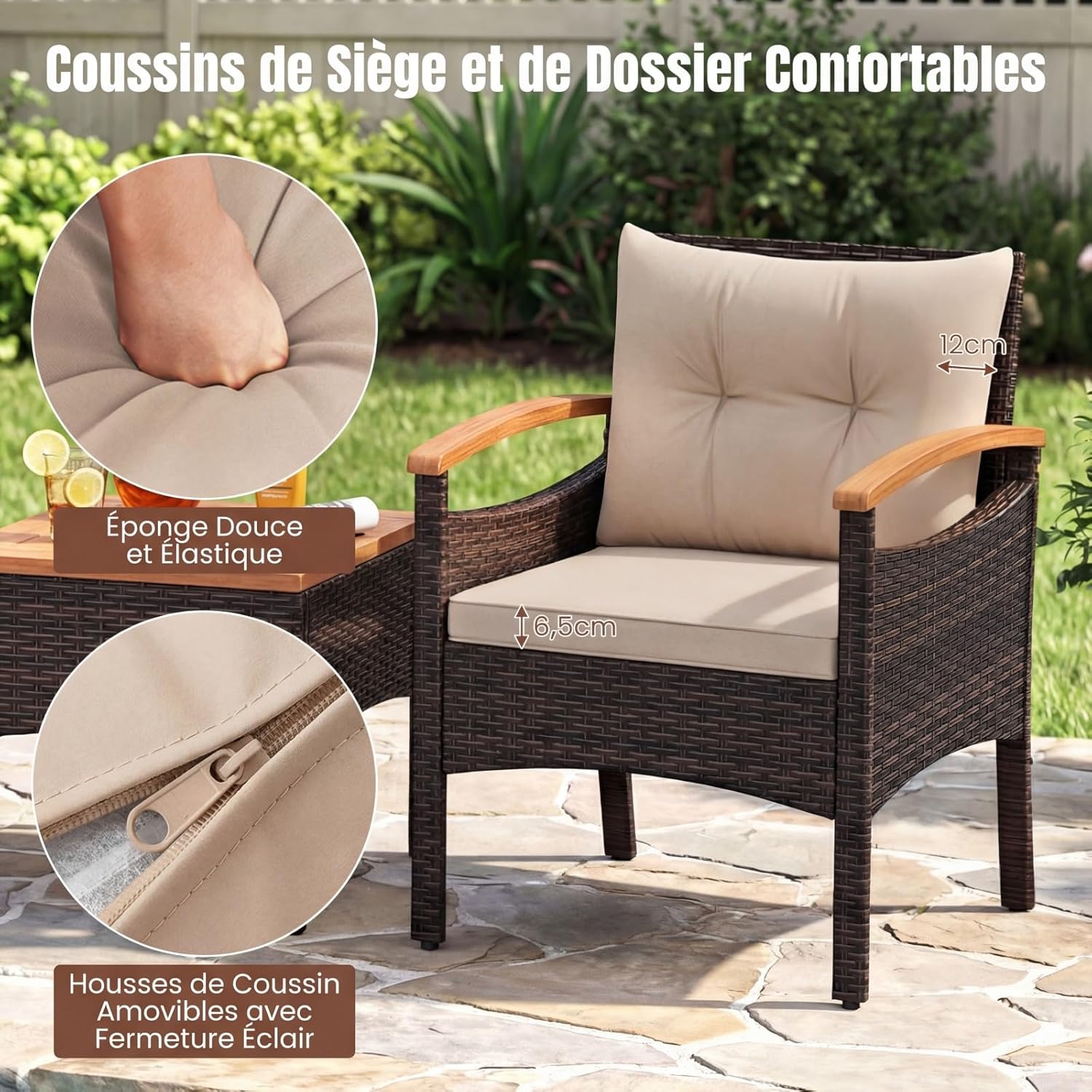 COSTWAY - Salon de Jardin 3 pcs - rotin PE, bois acacia, coussins amovibles, jaune terre