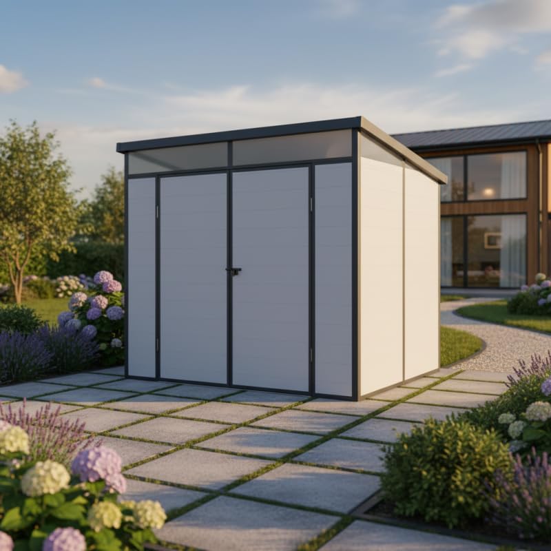 Jôbu – Abri de jardin résine 4,10m² toit plat, double porte, aluminium