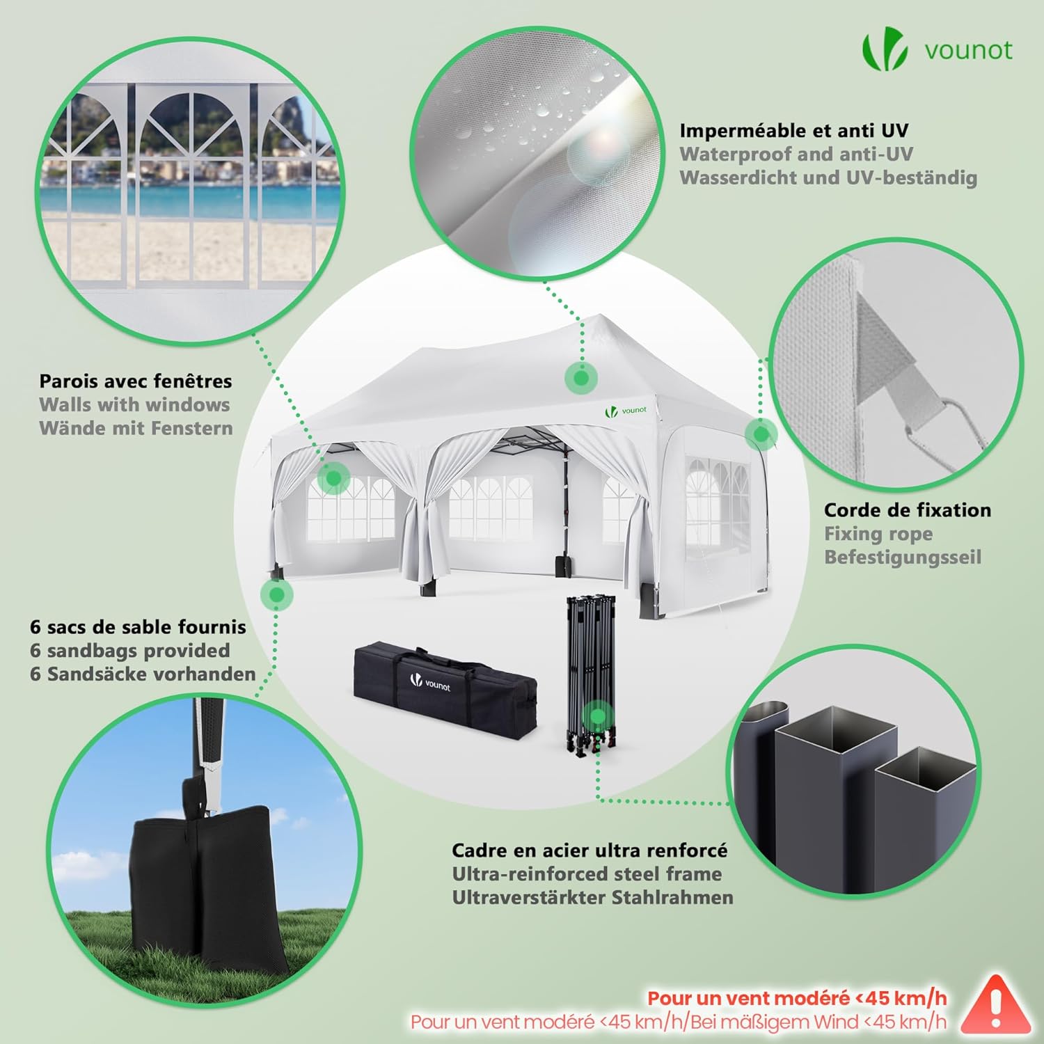 VOUNOT - tonnelle pliante 3x6m - 6 parois, imperméable, anti-UV