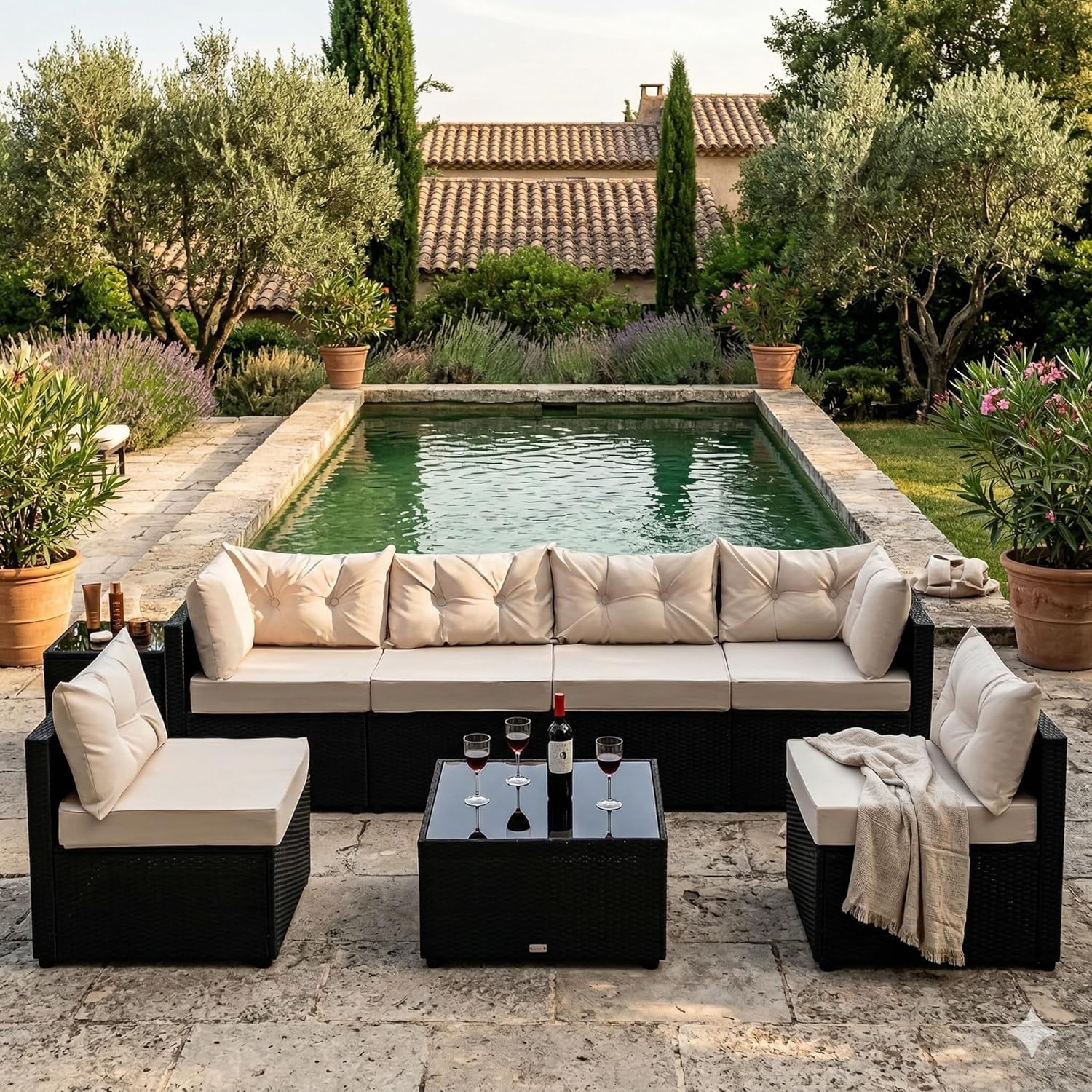 CONCEPT USINE - NACULA - Salon de jardin 5 places, résine tressée, coussins beige, table basse verre, extérieur