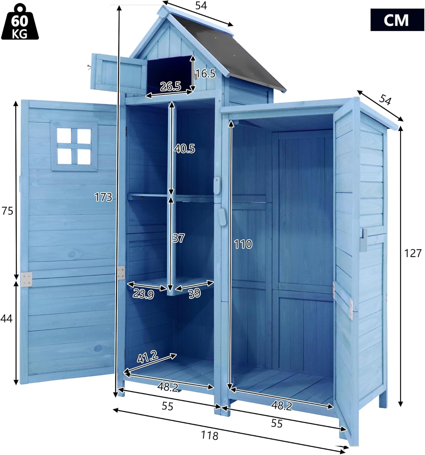 Merax - abri de jardin bois 118x54x173cm, 2 portes, toit PVC, bleu