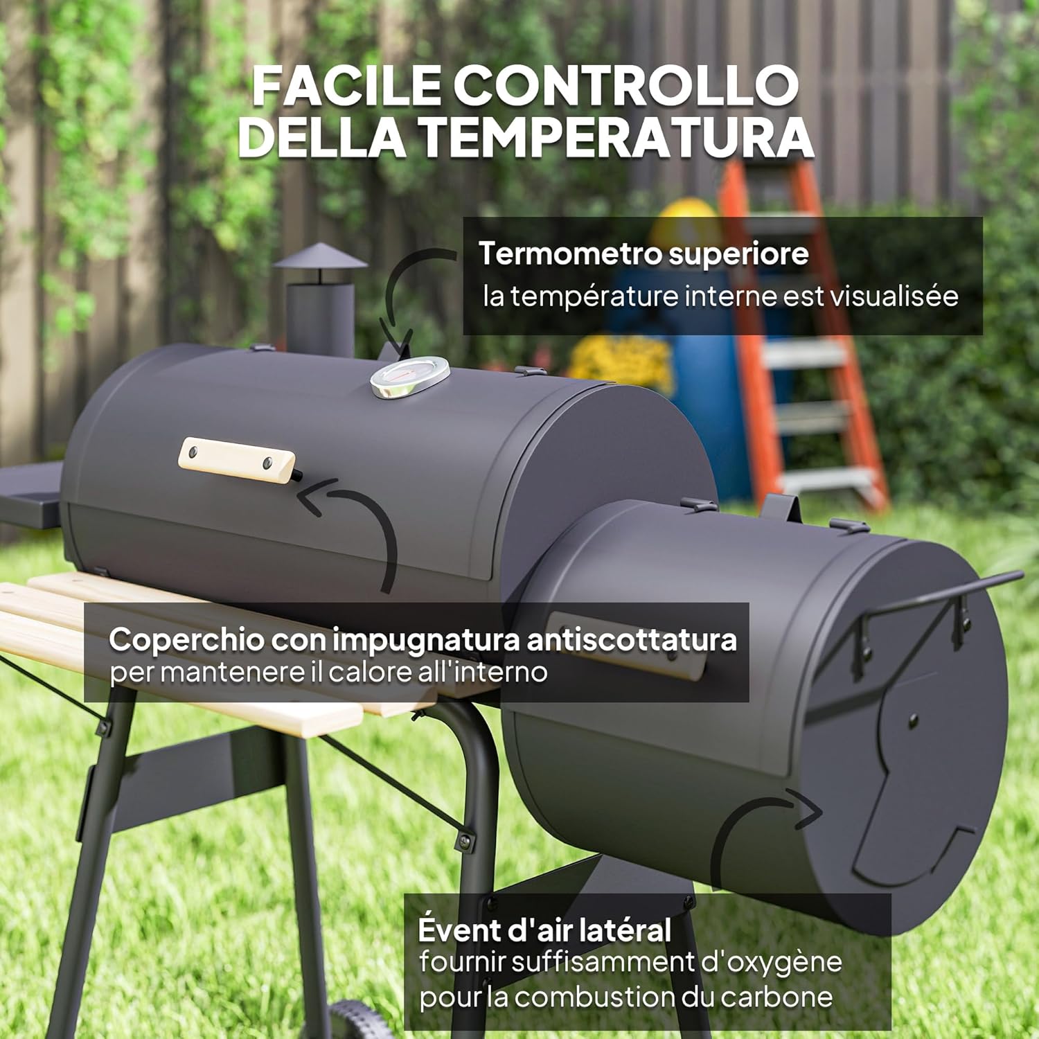 Outsunny - barbecue fumoir sur pied - acier noir - roulettes, étagères, thermomètre