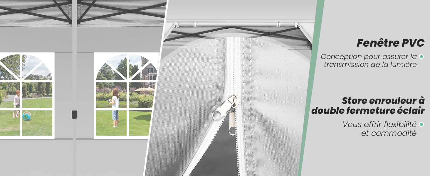 en PVC avec fermeture éclair pour structures extérieures. Dispose d'une double étanchéité pour une meilleure protection contre les intempéries. Structure de tente ou de canopée partiellement visible à l'arrière-plan.