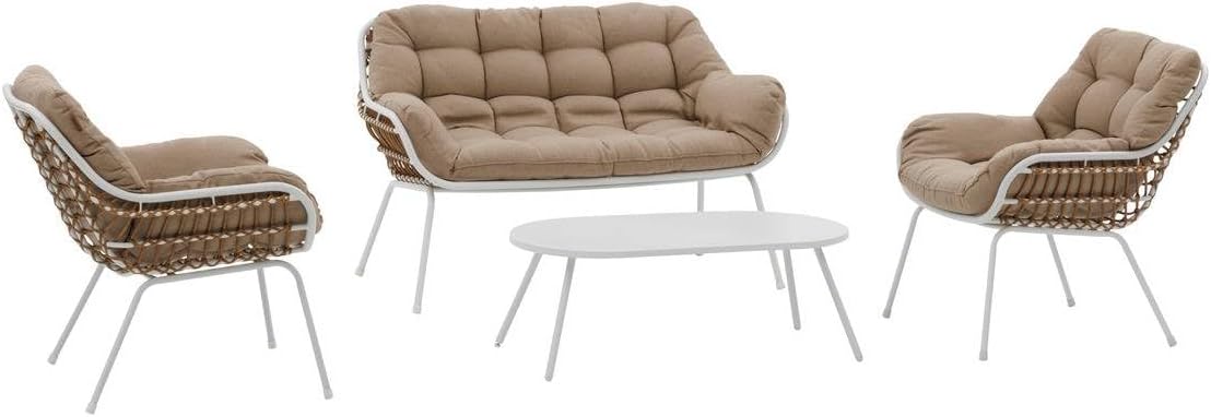 Hespéride - Paopao Salon de Jardin - 4 places - acier epoxy, pieds ajustables - Blanc et Beige
