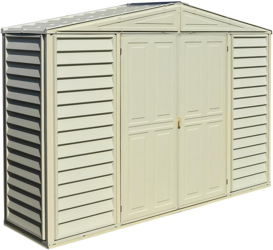Duramax SidePro 10 x 3 (2.6 m²) Abri de jardin en plastique avec kit de fondation en métal, structure de toit en métal robuste, abri en vinyle sans entretien - Ivoire